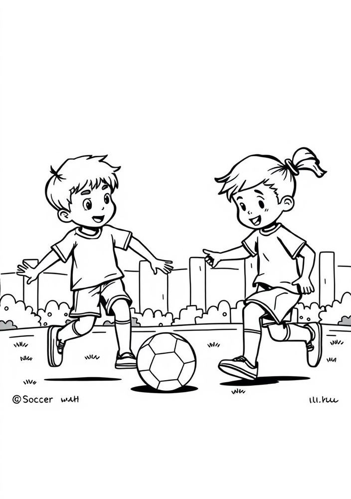 Desenho de crianças jogando futebol no parque para colorir