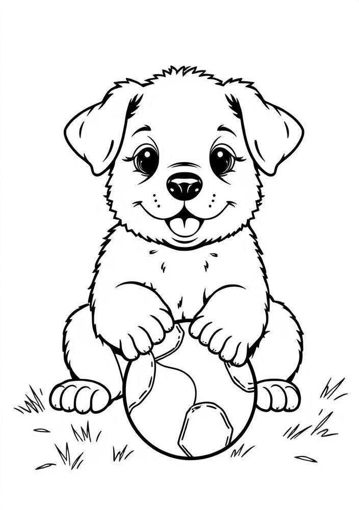 Desenho de filhote de cachorro e sua bolinha para colorir