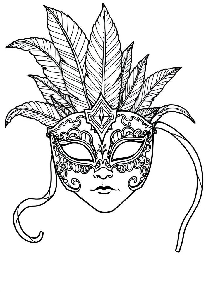 Desenho de máscara de carnaval com penas para colorir