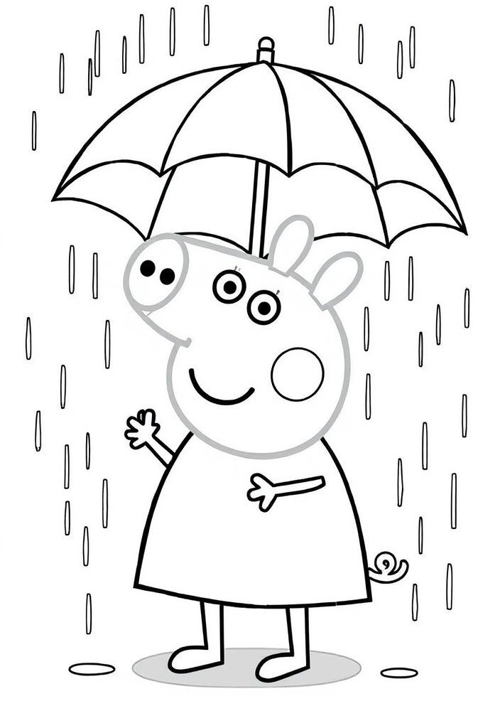 Desenho de peppa com um guarda-chuva fazendo chuva para colorir