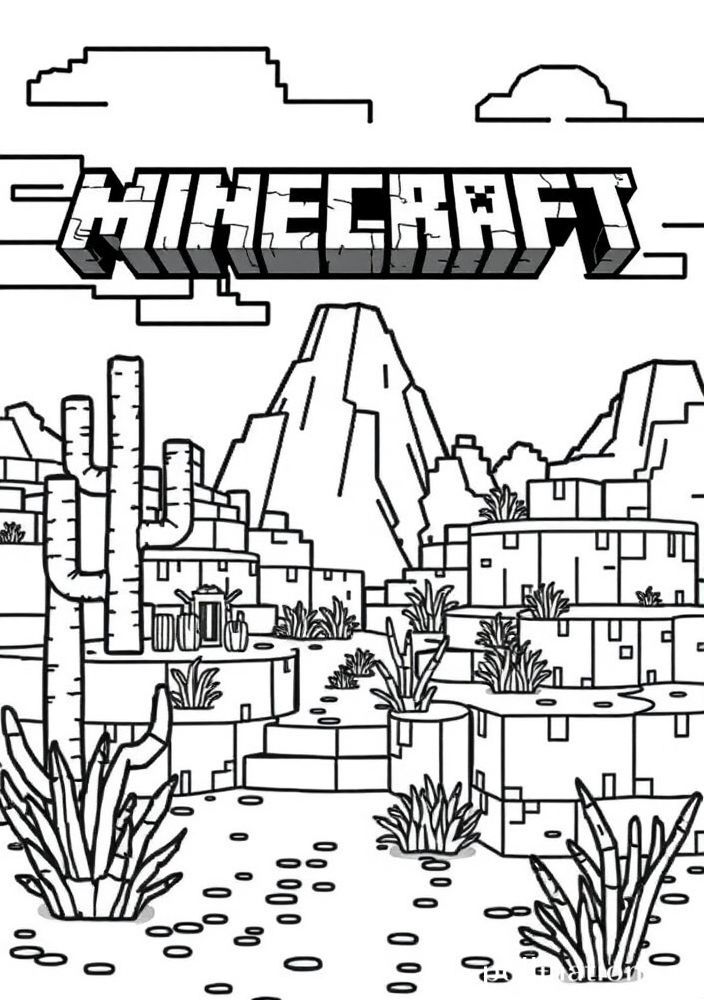 Desenho de um bioma de deserto do Minecraft para colorir