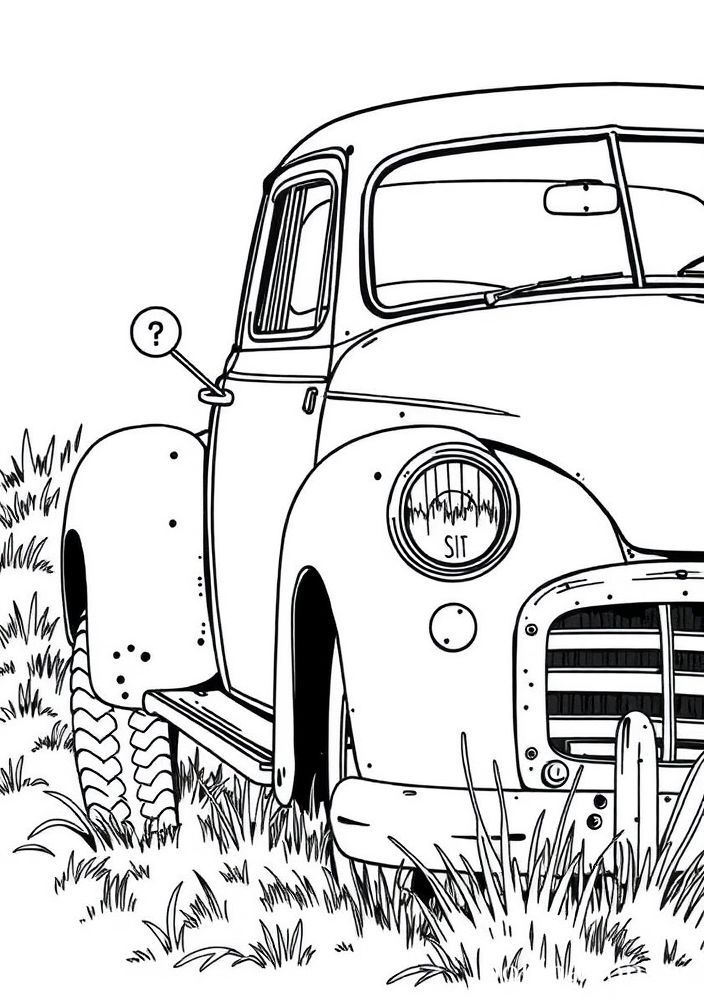 Desenho de um carro velho e enferrujado para colorir