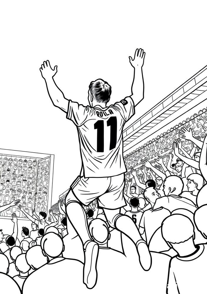 Desenho de um gol de futebol com torcida animada para colorir