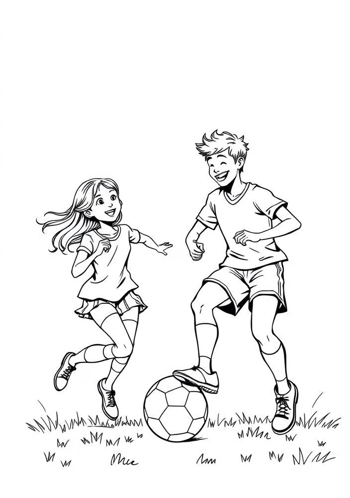 Desenho de um grupo de amigos jogando futebol no campo para colorir