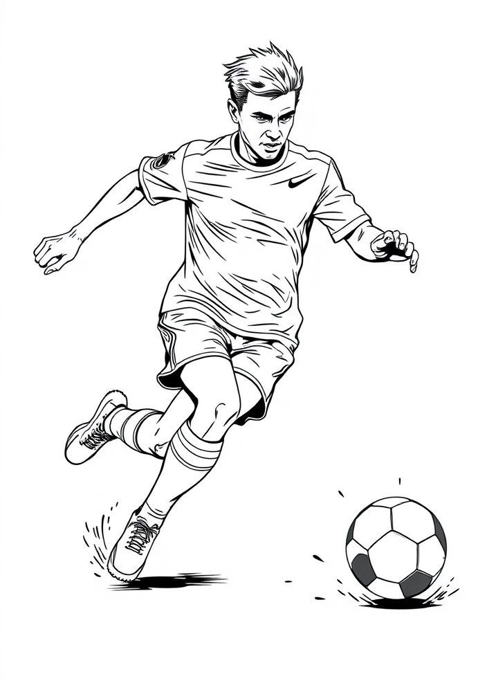 Desenho de um jogador de futebol driblando a bola para colorir