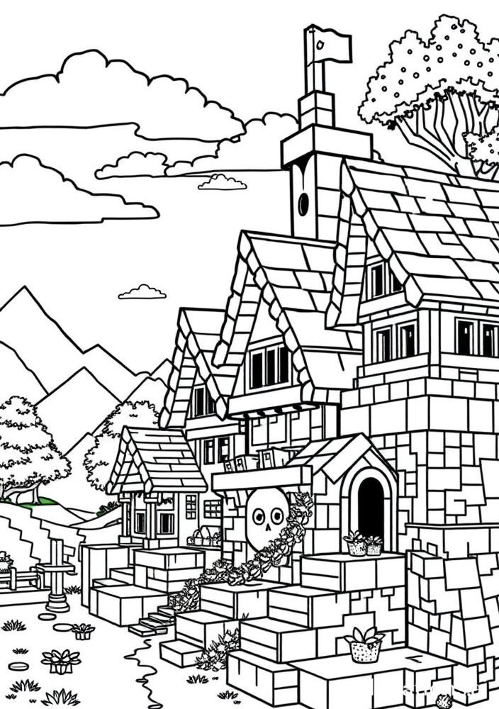 Desenho de uma aldeia no Minecraft para colorir