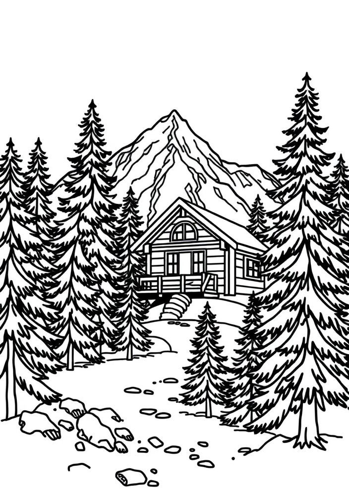 Desenho de uma cabana de montanha para colorir
