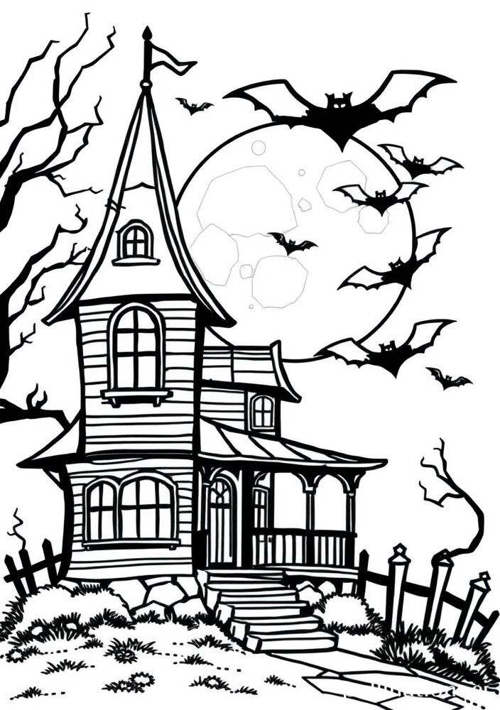 Desenho de uma casa cheia de morcegos para colorir