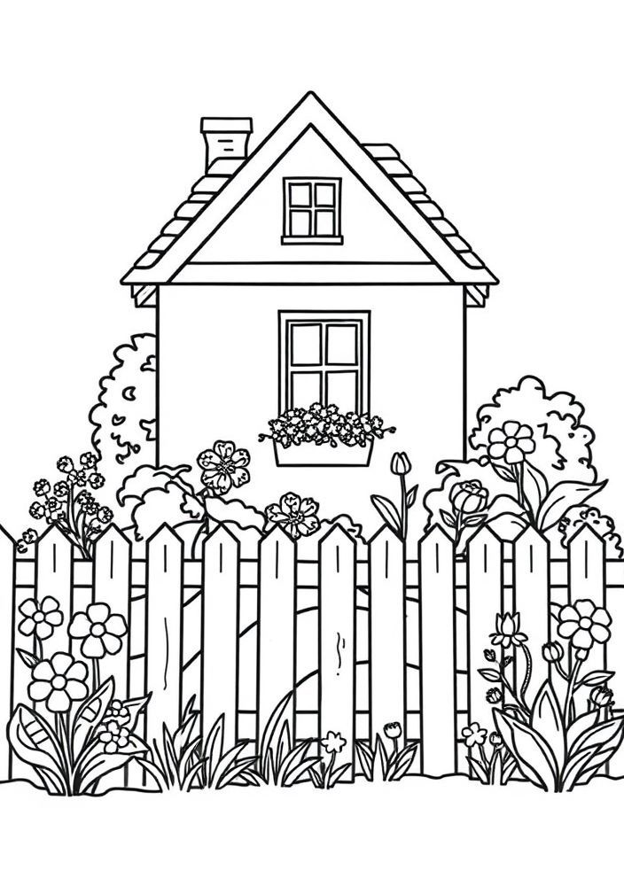 Desenho de uma casa com jardim para colorir