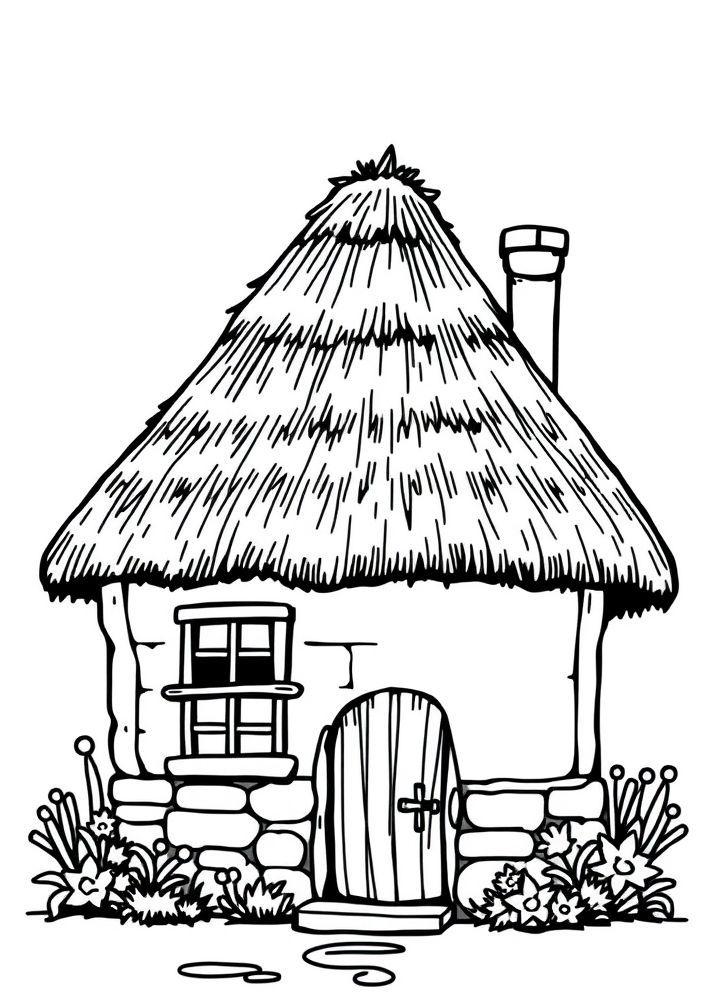 Desenho de uma casa com telhado de palha para colorir