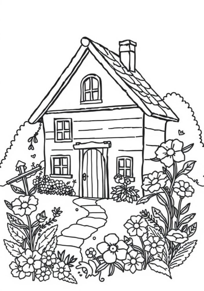 Desenho de uma casa de campo com flores para colorir