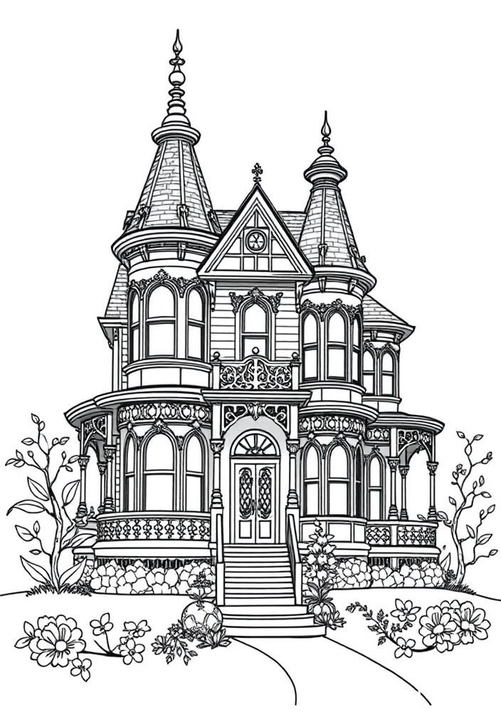 Desenho de uma casa de estilo vitoriano para colorir