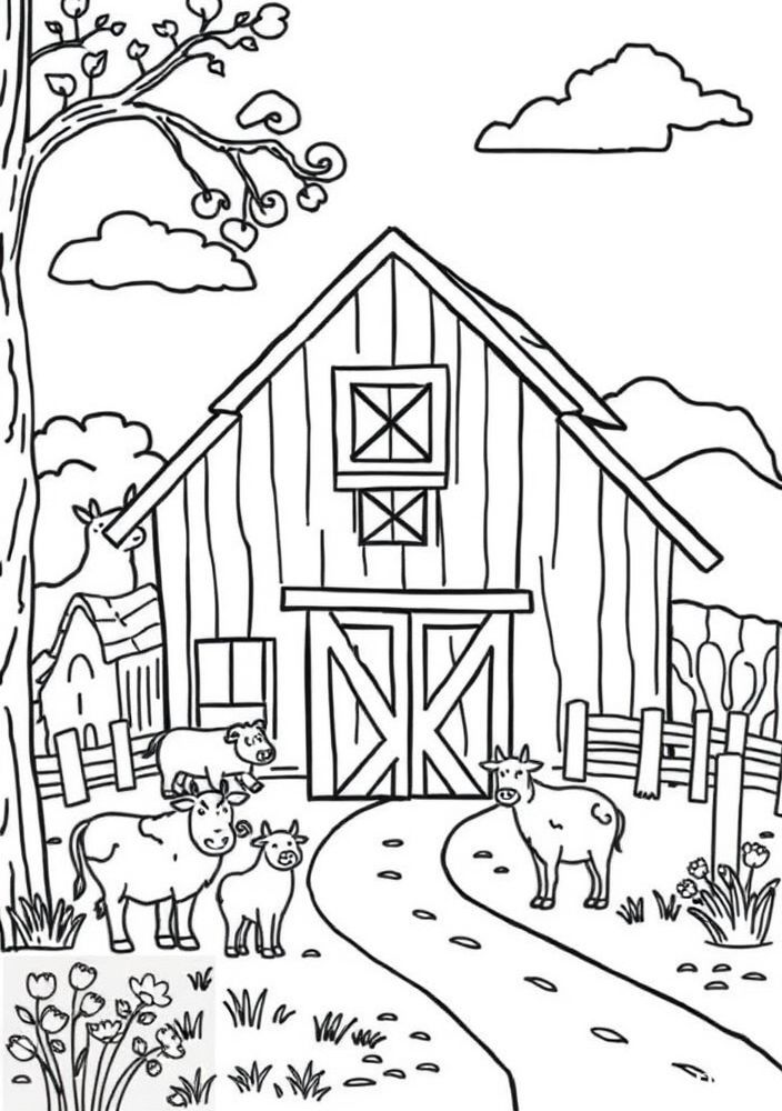 Desenho de uma casa de fazenda com animais para colorir
