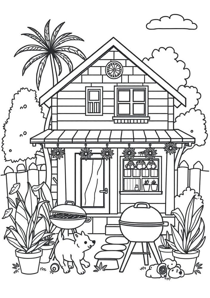 Desenho de uma casa de férias com churrasqueira para colorir