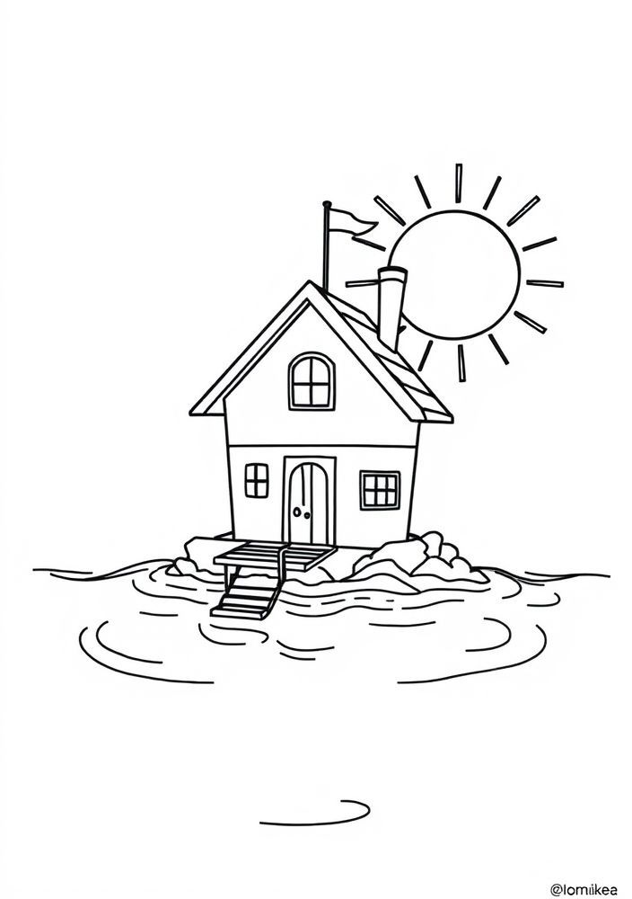 Desenho de uma casa flutuante para colorir