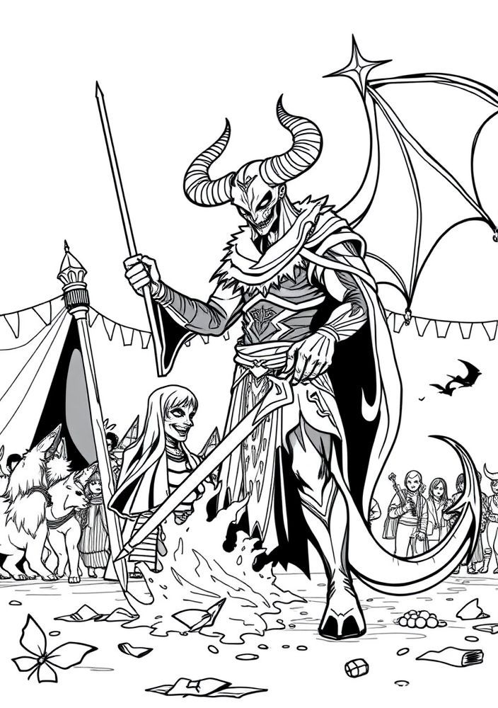 Desenho de uma cena de festival com todos os personagens para colorir