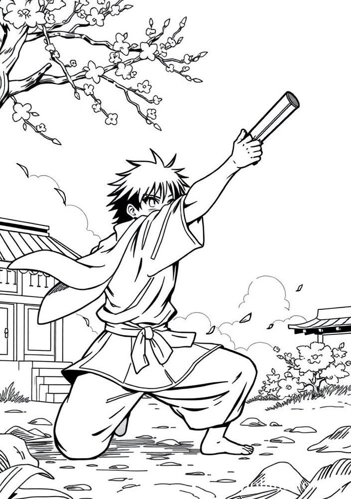 Desenho de uma cena de treinamento de Tanjiro para colorir