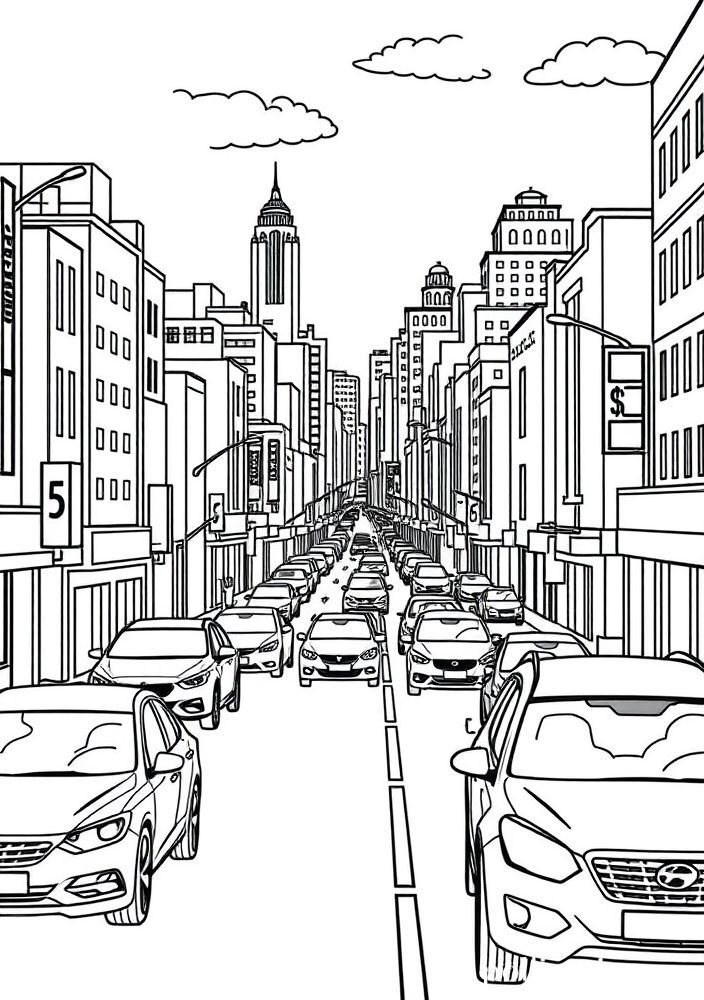 Desenho de uma cidade com mais carros para colorir
