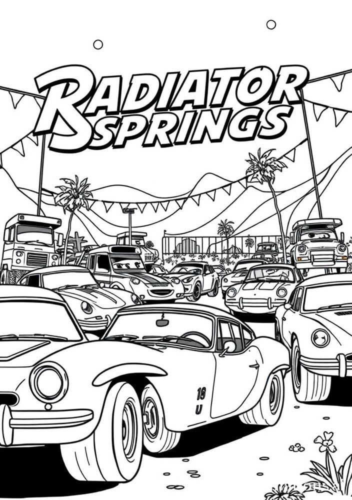 Desenho de uma festa no Radiator Springs para colorir