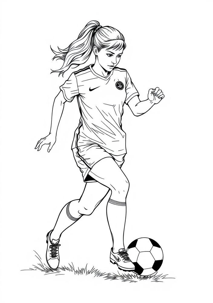 Desenho de uma mulher jogando futebol para colorir