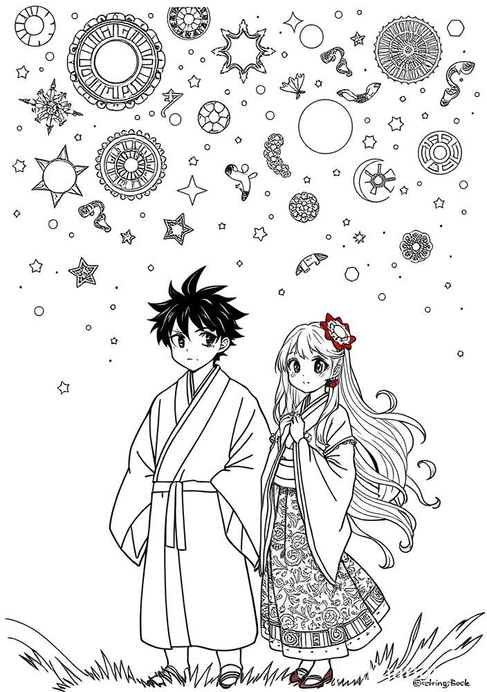 Desenho de uma noite de estrelas com o Tanjiro e a Nezuko para colorir