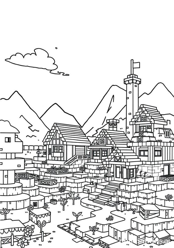 Desenho de uma vila do Minecraft para colorir