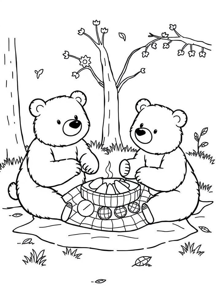 Desenho de ursos em um piquenique para colorir