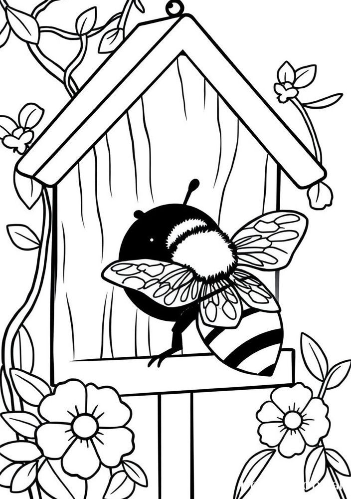 Desenho do Abelha e uma casa de pássaro para colorir