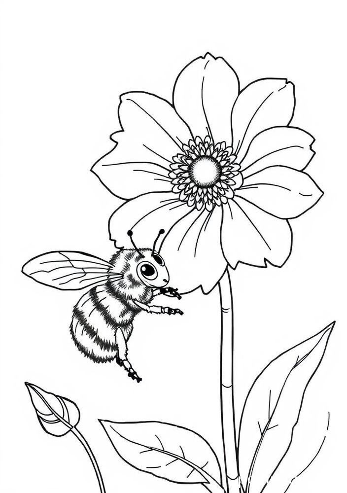 Desenho do Abelha e uma flor gigante para colorir