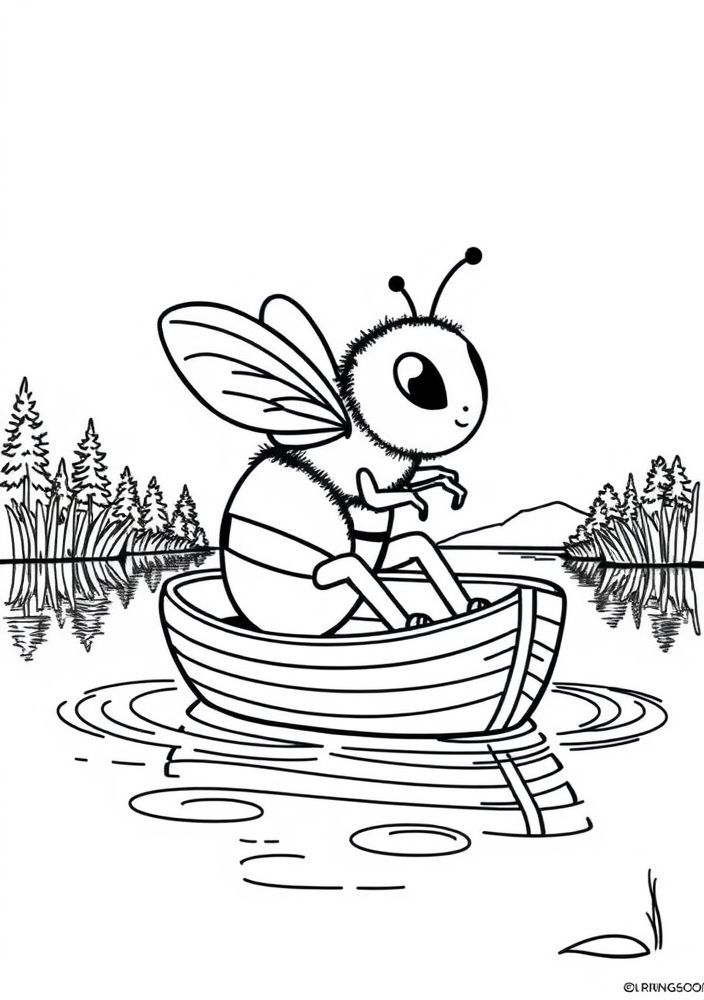 Desenho do Abelha em um barco no lago para colorir