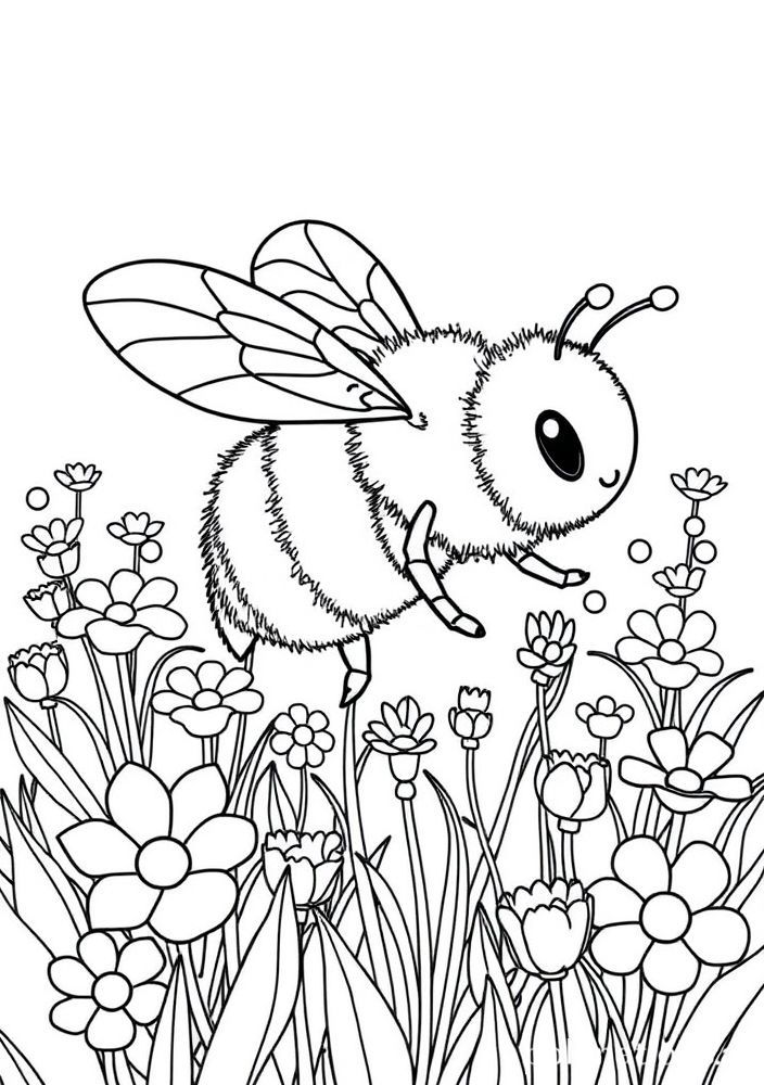 Desenho do Abelha em um campo de flores para colorir