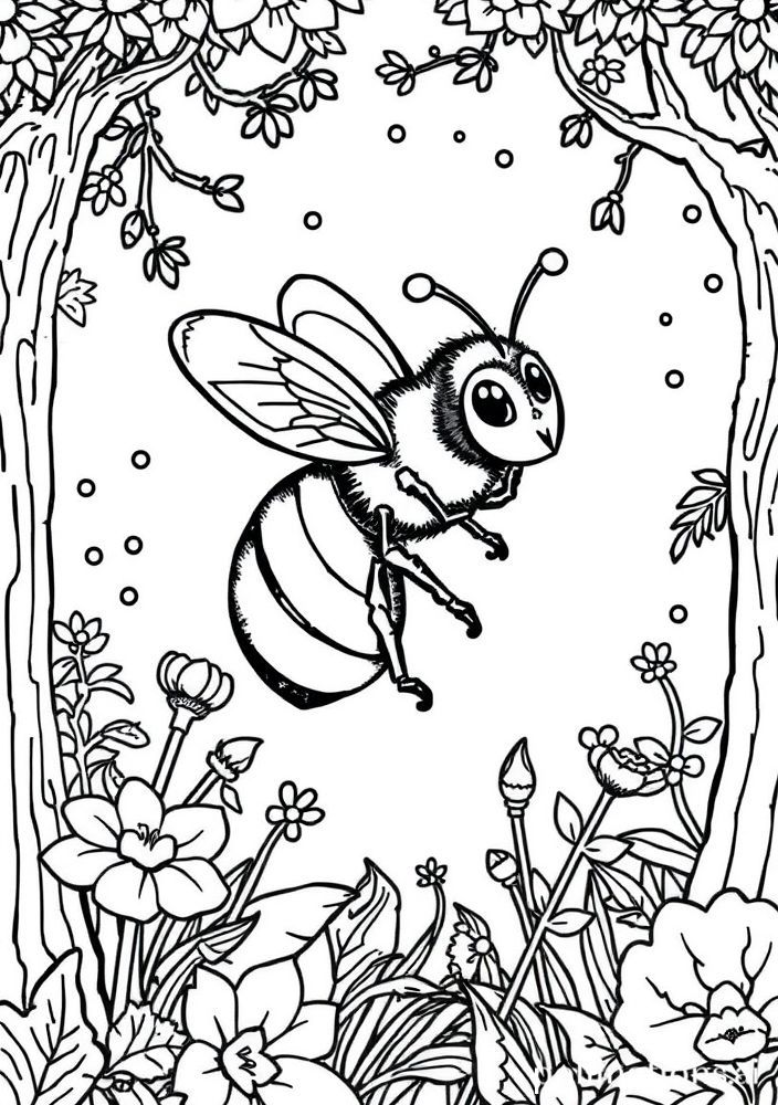 Desenho do Abelha explorando uma floresta encantada para colorir