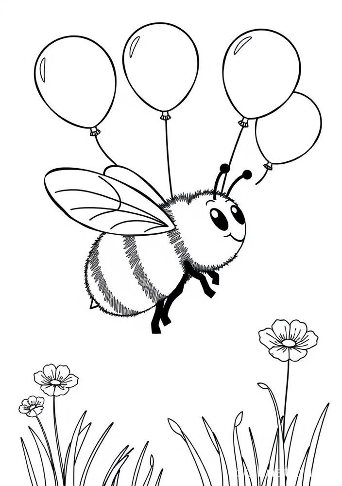 Desenho do Abelha no céu com balões para colorir