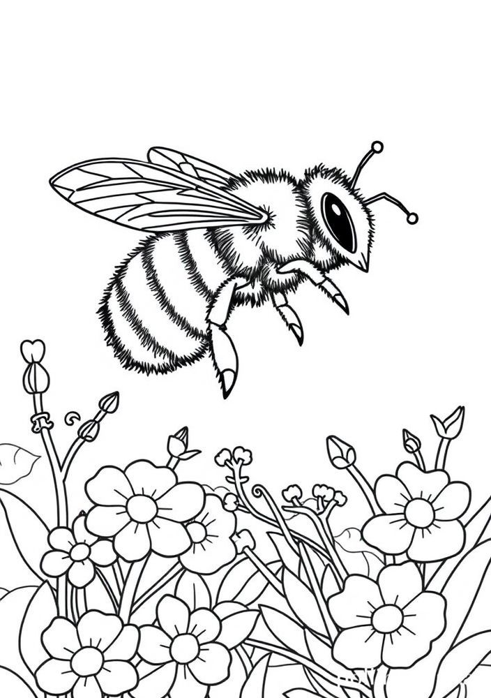 Desenho do Abelha voando sobre uma horta para colorir