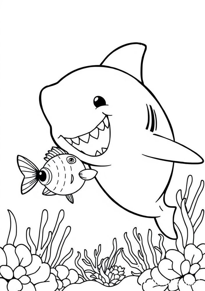 Desenho do Baby Shark brincando com peixes para colorir