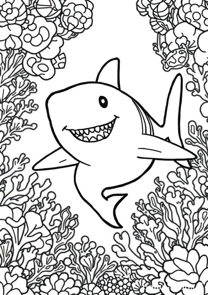 Desenho do Baby Shark cercado por corais para colorir