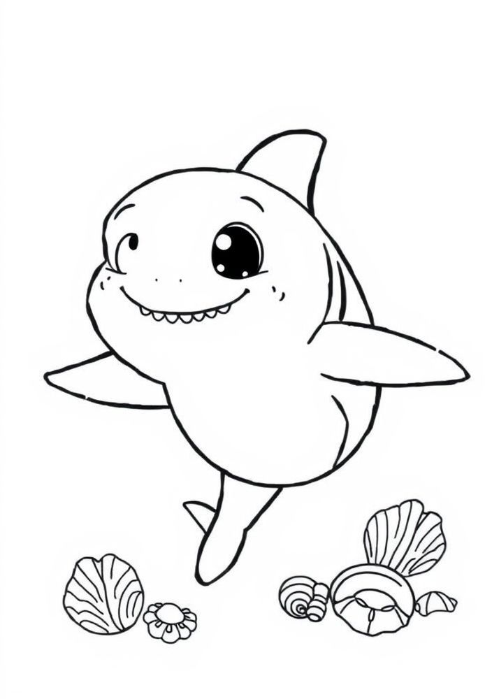 Desenho do Baby Shark com conchas para colorir