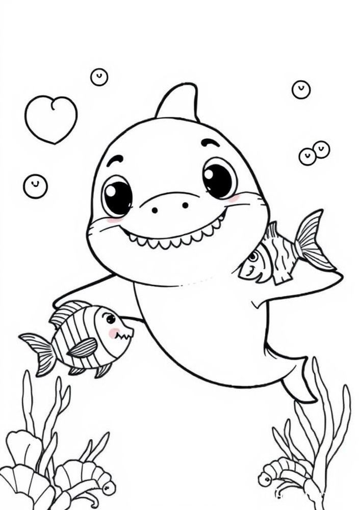 Desenho do Baby Shark com seus amigos peixes para colorir