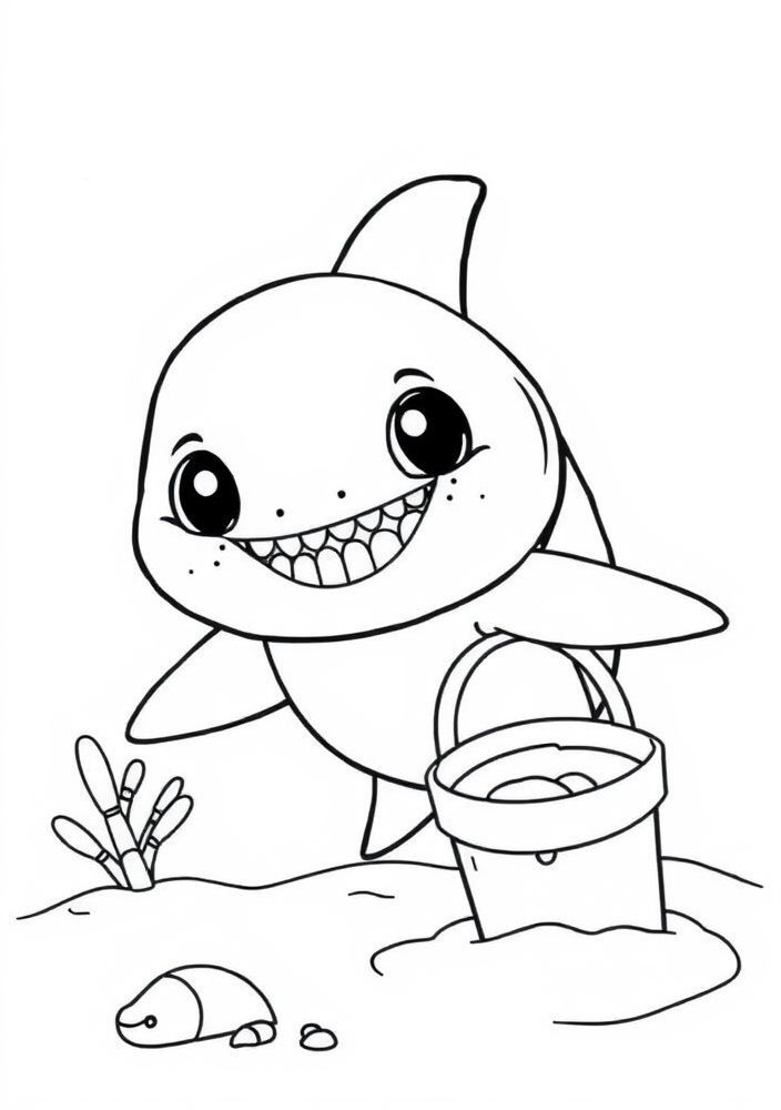 Desenho do Baby Shark com um balde de areia para colorir