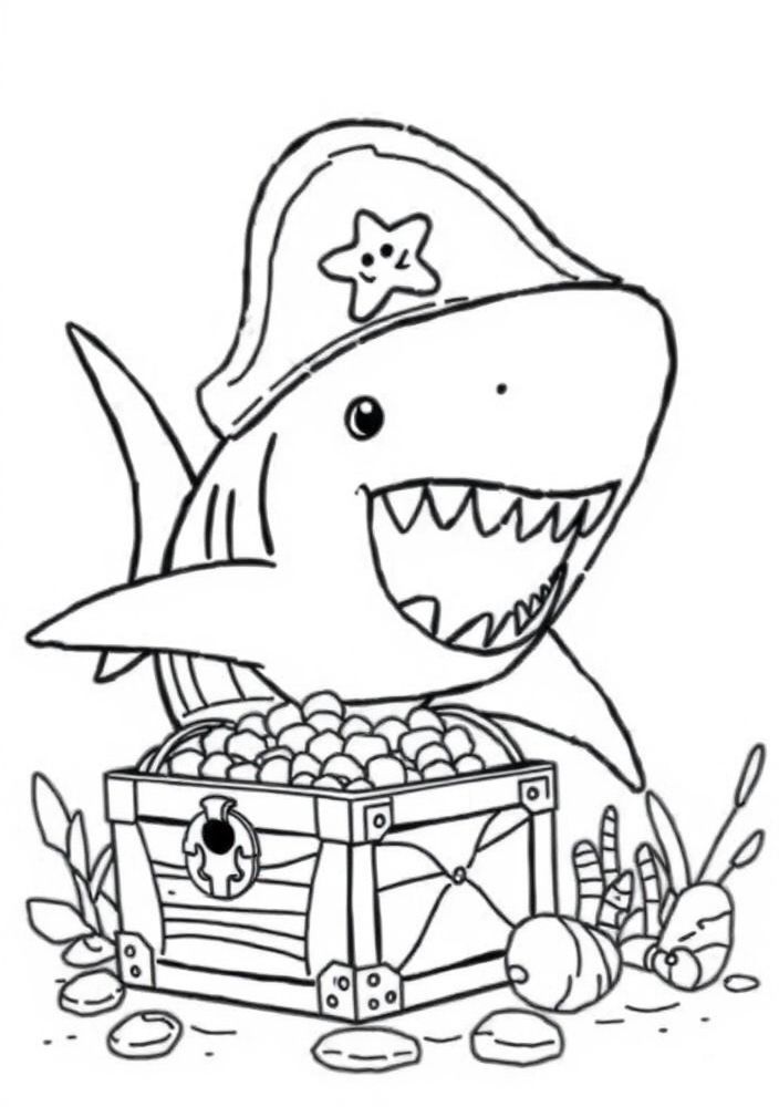 Desenho do Baby Shark com um tesouro do mar para colorir