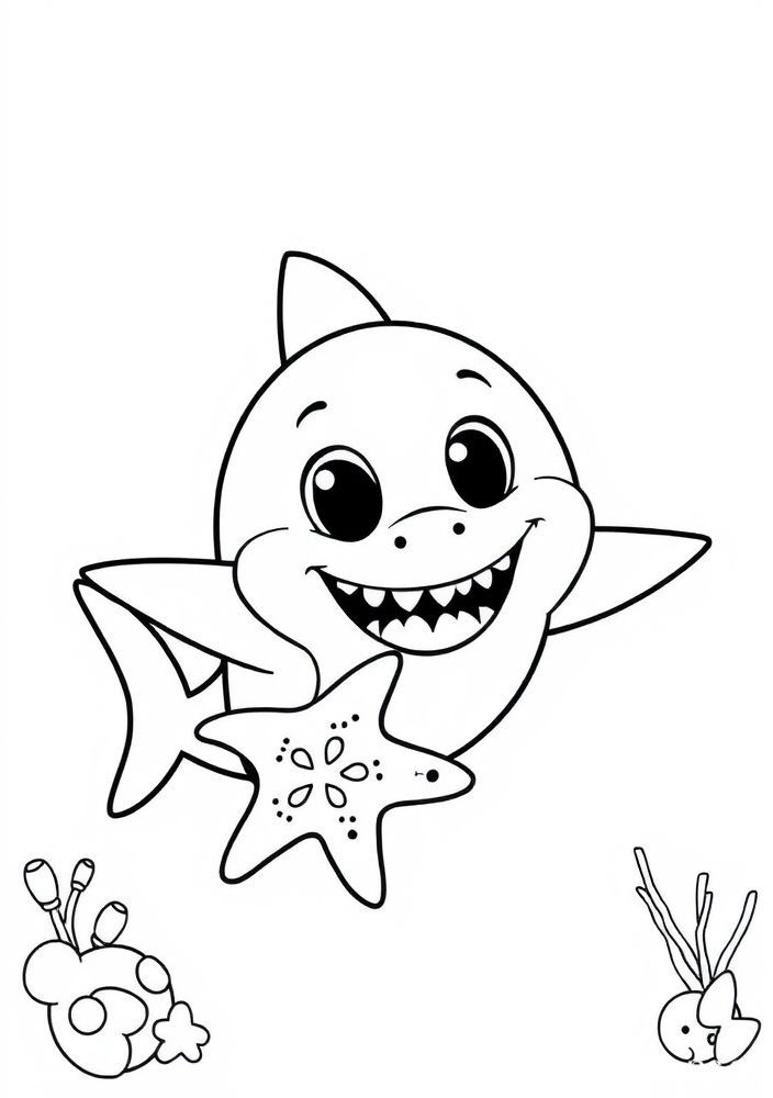 Desenho do Baby Shark com uma estrela do mar para colorir