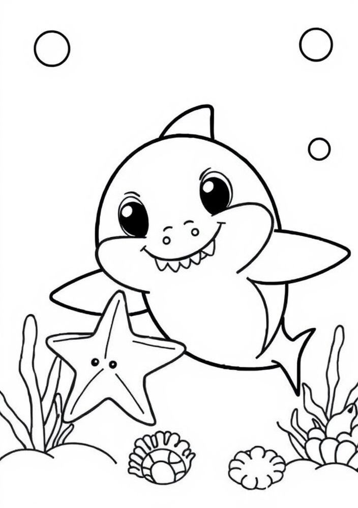 Desenho do Baby Shark e da estrela do mar para colorir