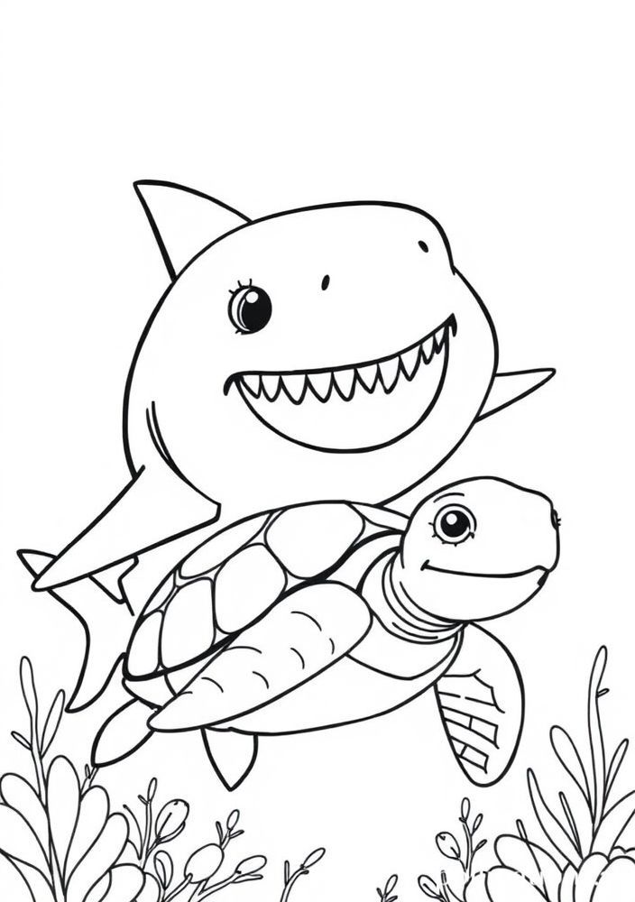 Desenho do Baby Shark e da tartaruga marinha para colorir