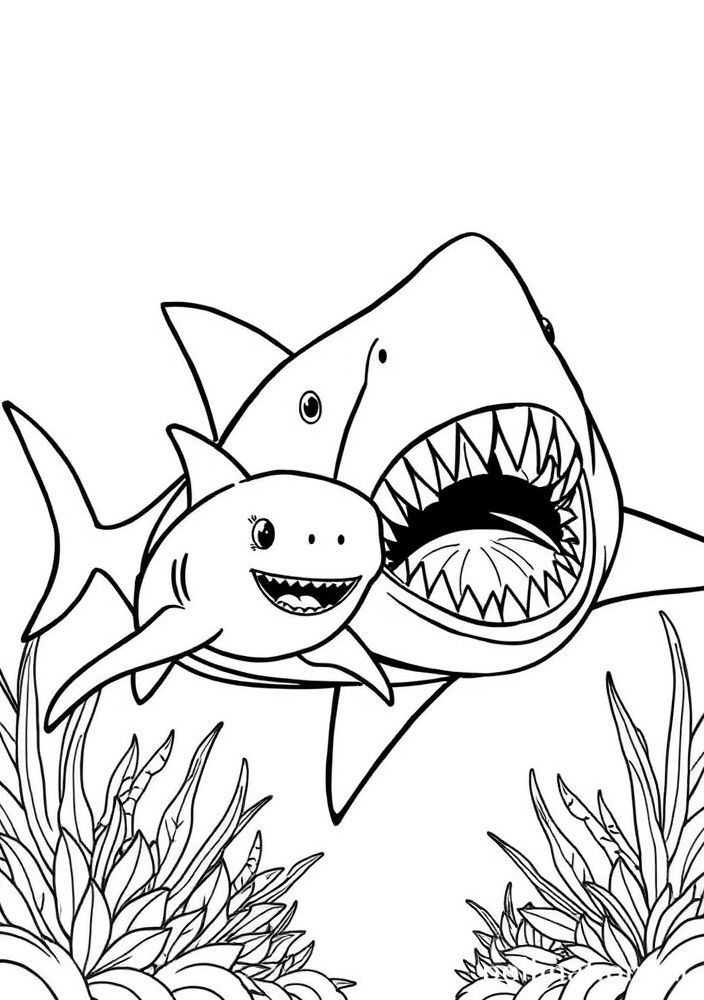 Desenho do Baby Shark e do Tubarão Dente de Sabre para colorir