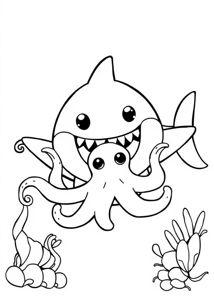 Desenho do Baby Shark e o polvo para colorir