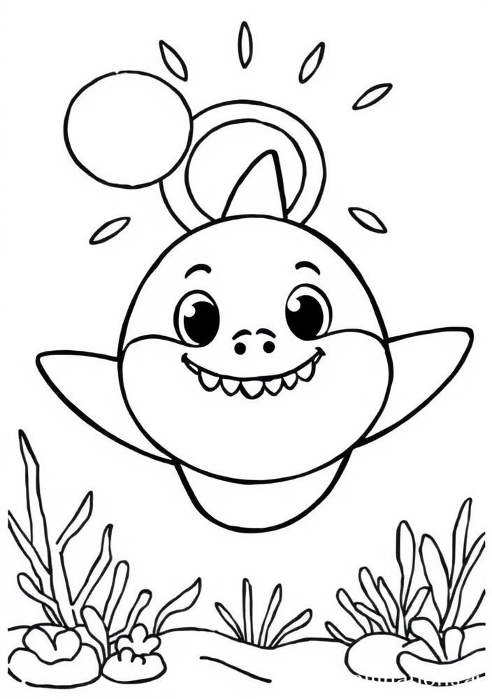 Desenho do Baby Shark e o sol sorridente para colorir