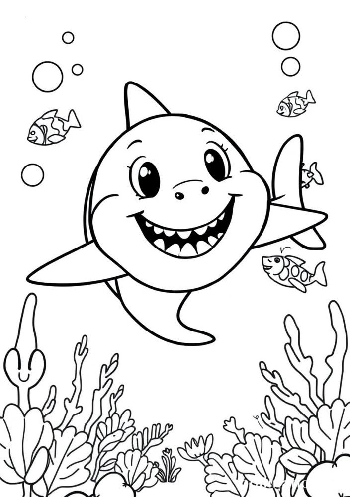Desenho do Baby Shark e seus amigos nadando juntos para colorir