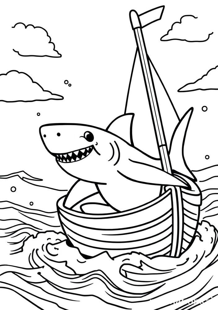 Desenho do Baby Shark em um barco para colorir
