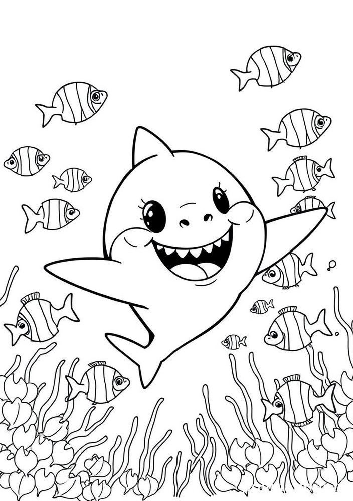 Desenho do Baby Shark em uma escola de peixes para colorir