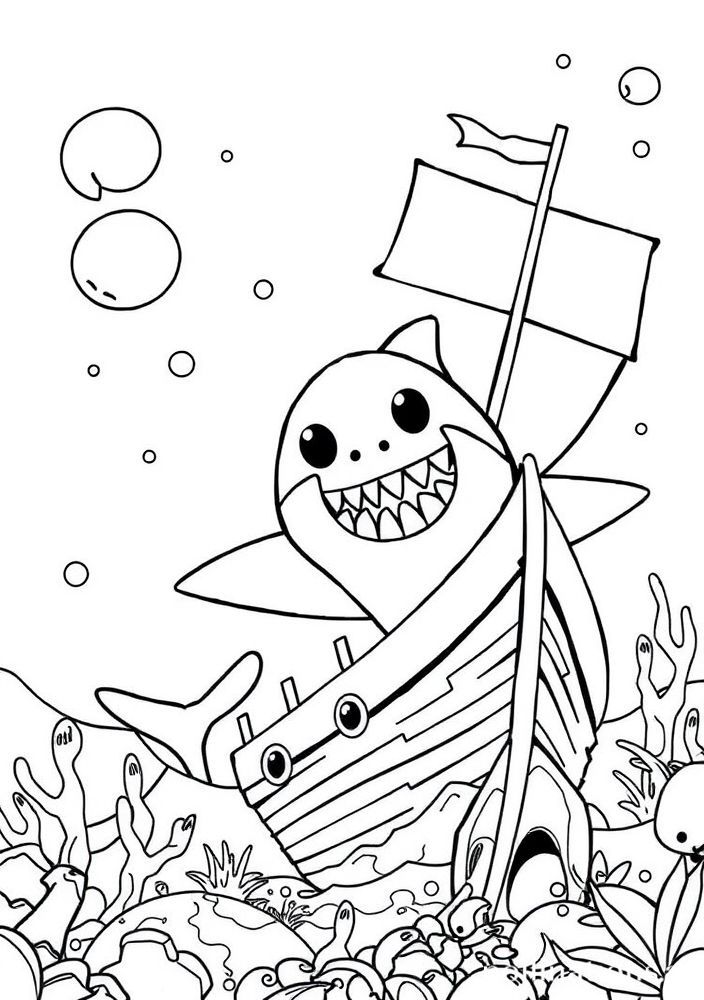 Desenho do Baby Shark explorando um navio afundado para colorir